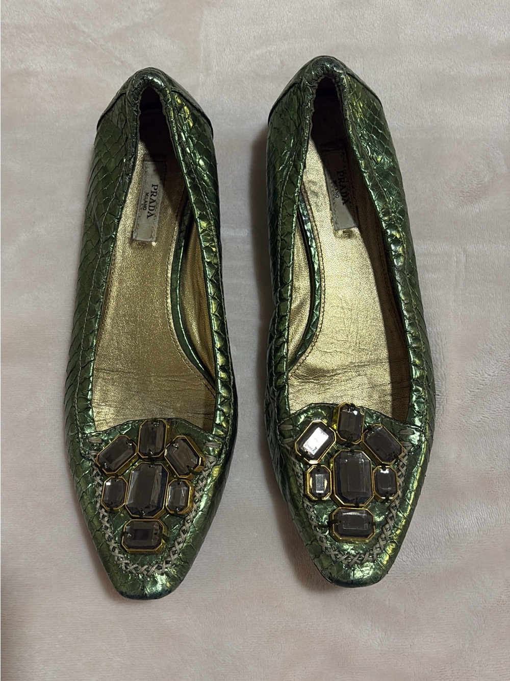 Prada Metallic Green Jeweled Pointed-Toe Flats